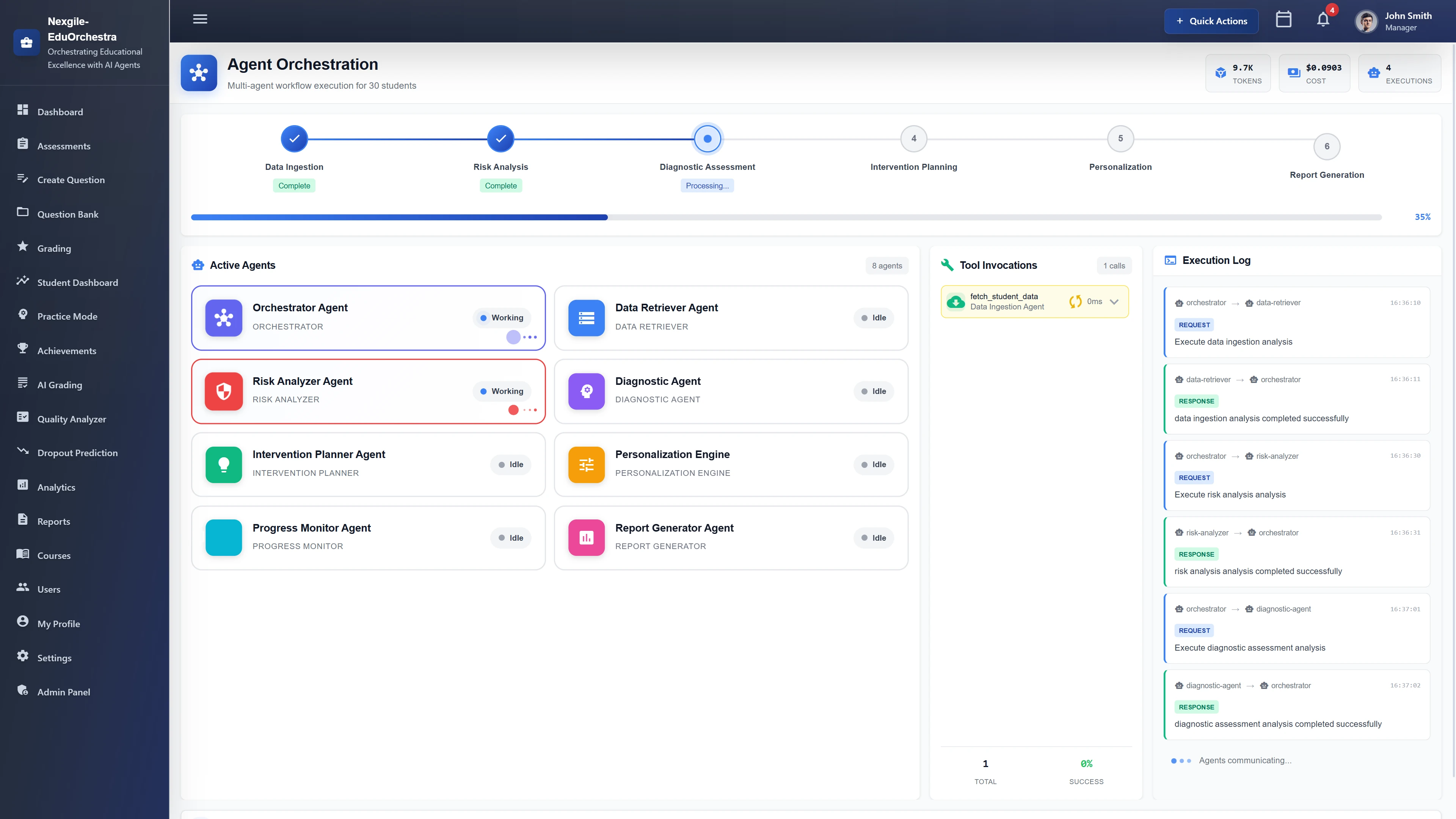 Agent Orchestration - Multi-agent workflow pipeline with active agents, tool invocations, and real-time execution log tracking data ingestion through report generation